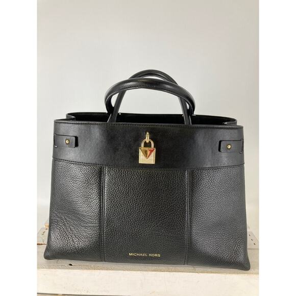 MICHAEL KORS LARGE BLACK LEATHER HANDBAG WITH LOCK CHARM - Picture 1 of 15